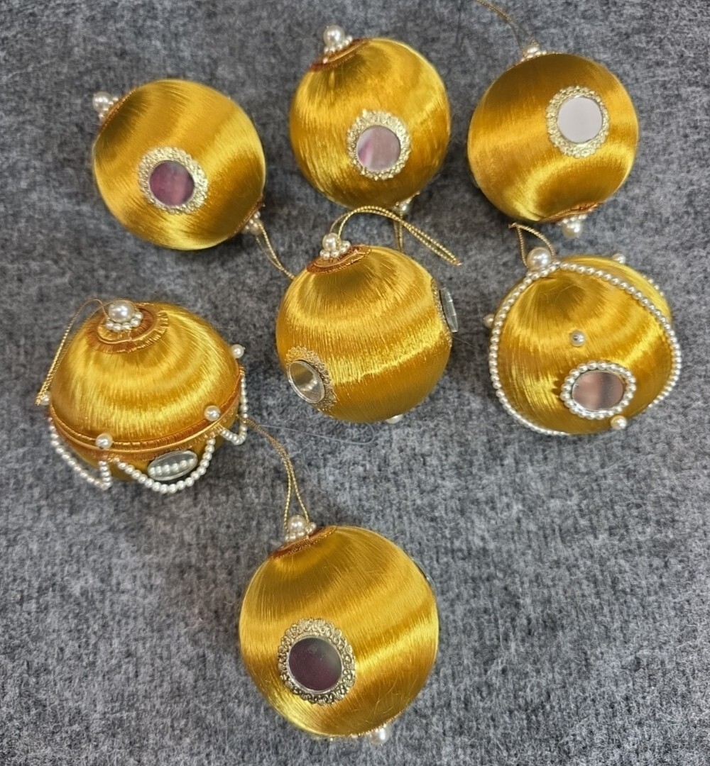(7) Vtg Beaded Sequin Satin Ball Ornaments Pushpin Handmade Christmas Decor #1